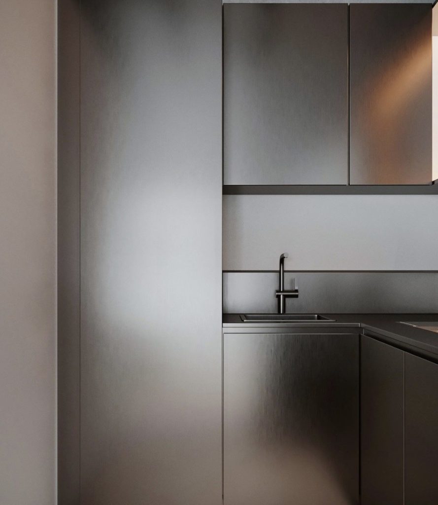 Cuisine moderne en inox brossé et façades minimalistes