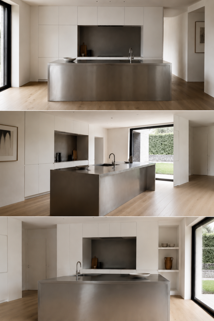 Cuisine minimaliste avec îlot central en inox et mobilier blanc contemporain
