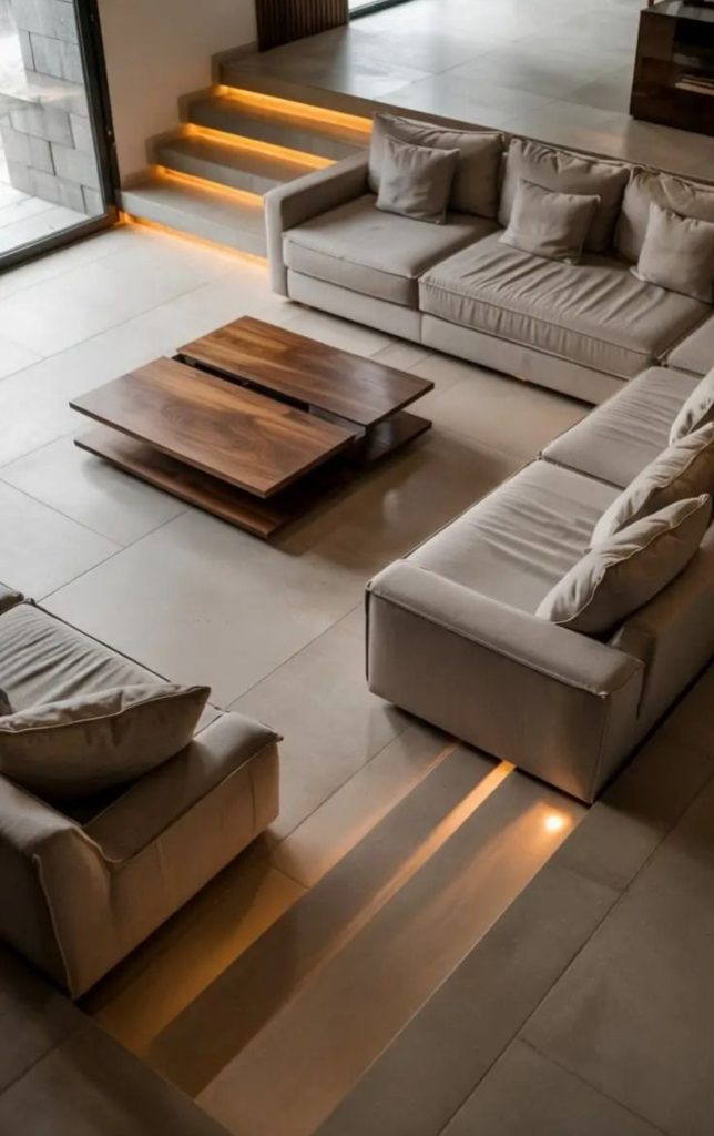 Salon en contrebas avec canapés intégrés autour d'une table basse en bois dans une maison contemporaine