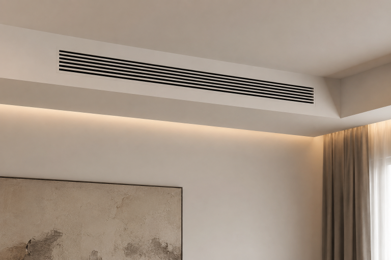 Sortie de climatisation discrètement intégrée dans un plafond minimaliste