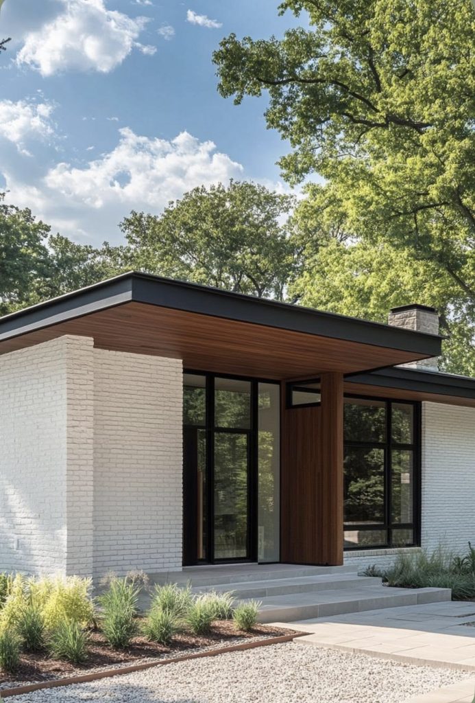 Maison californienne mid-century avec toit plat, bois et grandes baies vitrées