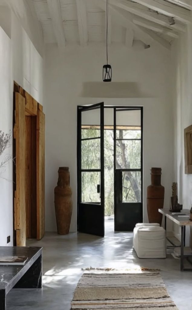 Entrée d’une maison en Corse avec porte vitrée et murs en pierre