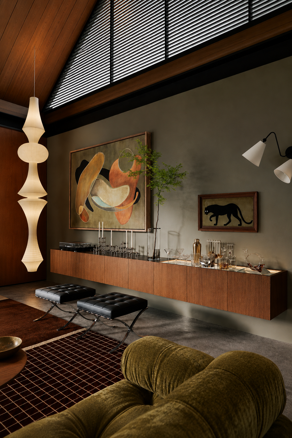 Salon Mid-Century Modern avec canapé kaki, meuble en noyer, suspension sculpturale et décoration contemporaine