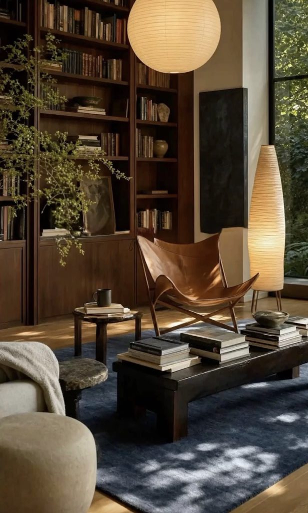 Fauteuil lounge en cuir cognac dans un salon Mid-Century Modern avec bibliothèque en bois et luminaire design