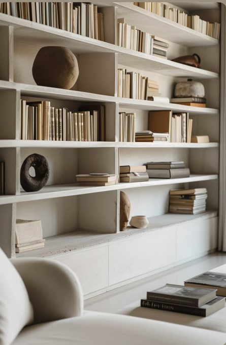 Étagère intégrée avec livres et objets décoratifs dans un intérieur contemporain