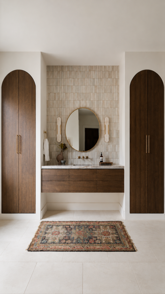 Meuble de salle de bain contemporain en bois avec miroir rond et revêtement mural texturé
