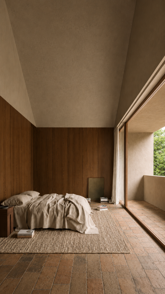 Mur en placage de bois dans une chambre au design contemporain
